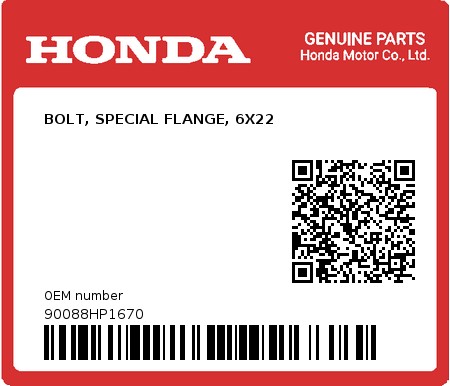 Product image: Honda - 90088HP1670 - BOLT, SPECIAL FLANGE, 6X22  0