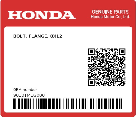 Product image: Honda - 90101MEG000 - BOLT, FLANGE, 8X12  0