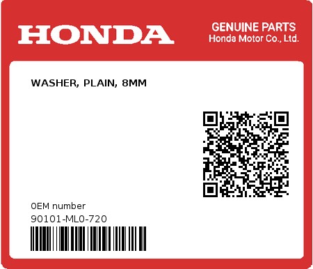 Product image: Honda - 90101-ML0-720 - WASHER, PLAIN, 8MM  0