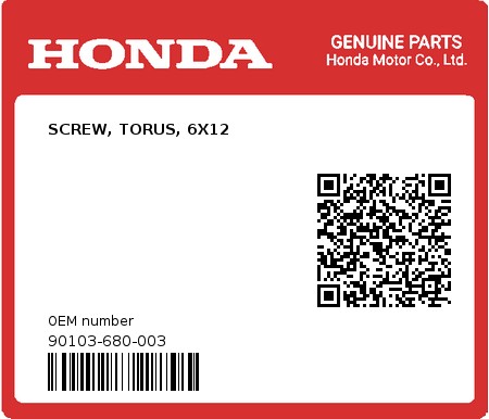 Product image: Honda - 90103-680-003 - SCREW, TORUS, 6X12  0