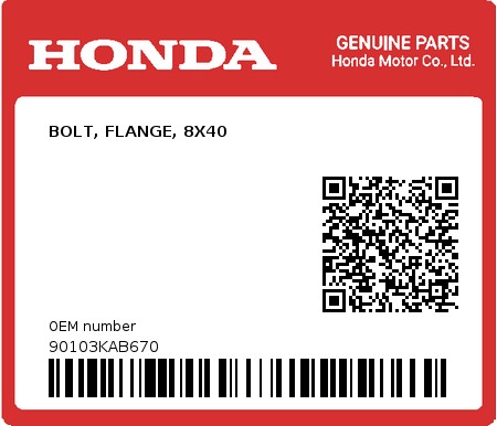 Product image: Honda - 90103KAB670 - BOLT, FLANGE, 8X40  0