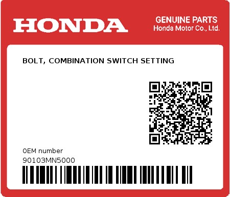 Product image: Honda - 90103MN5000 - BOLT, COMBINATION SWITCH SETTING  0