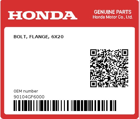 Product image: Honda - 90104GF6000 - BOLT, FLANGE, 6X20  0