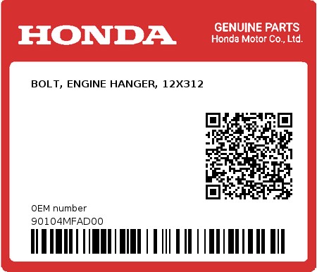 Product image: Honda - 90104MFAD00 - BOLT, ENGINE HANGER, 12X312  0