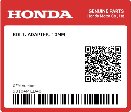 Product image: Honda - 90104MJED40 - BOLT, ADAPTER, 10MM  0
