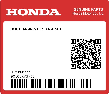 Product image: Honda - 90105KV3700 - BOLT, MAIN STEP BRACKET  0
