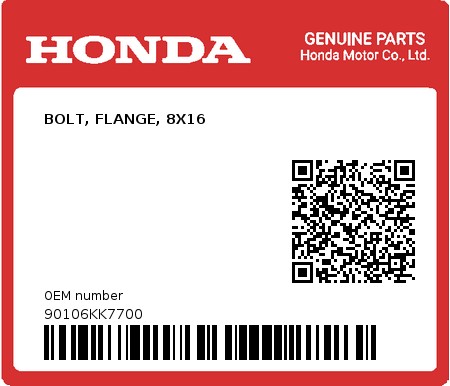Product image: Honda - 90106KK7700 - BOLT, FLANGE, 8X16  0