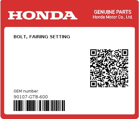 Product image: Honda - 90107-GT8-600 - BOLT, FAIRING SETTING  0