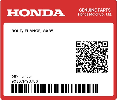 Product image: Honda - 90107MY3780 - BOLT, FLANGE, 8X35  0