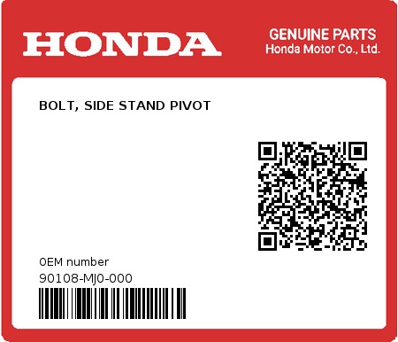Product image: Honda - 90108-MJ0-000 - BOLT, SIDE STAND PIVOT  0