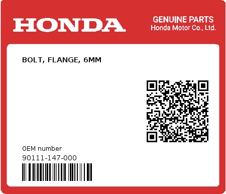Product image: Honda - 90111-147-000 - BOLT, FLANGE, 6MM  0