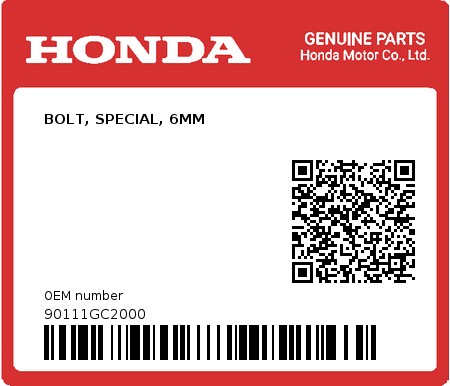 Product image: Honda - 90111GC2000 - BOLT, SPECIAL, 6MM  0