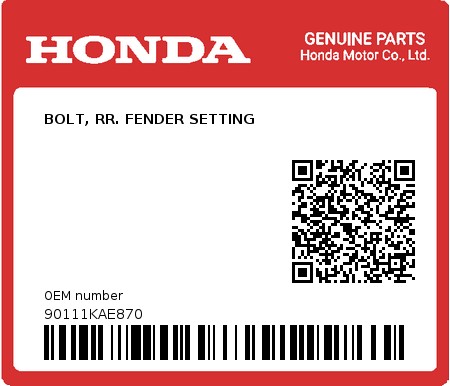 Product image: Honda - 90111KAE870 - BOLT, RR. FENDER SETTING  0