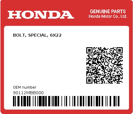 Product image: Honda - 90112MBB000 - BOLT, SPECIAL, 6X22  0