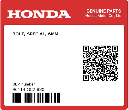 Product image: Honda - 90114-GC2-830 - BOLT, SPECIAL, 6MM  0