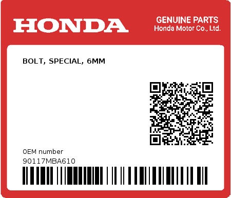 Product image: Honda - 90117MBA610 - BOLT, SPECIAL, 6MM  0