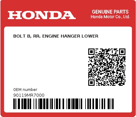 Product image: Honda - 90119MR7000 - BOLT B, RR. ENGINE HANGER LOWER  0