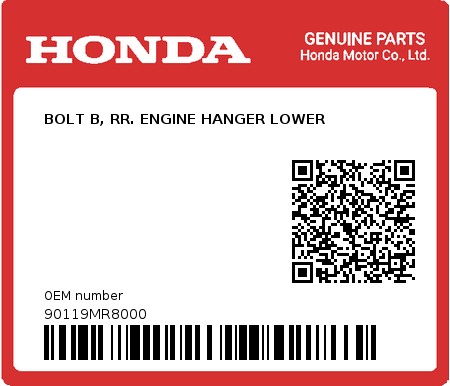 Product image: Honda - 90119MR8000 - BOLT B, RR. ENGINE HANGER LOWER  0