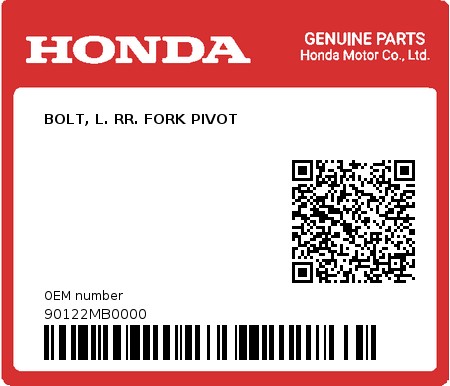 Product image: Honda - 90122MB0000 - BOLT, L. RR. FORK PIVOT  0