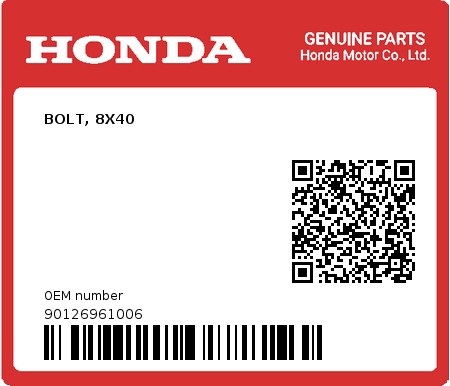 Product image: Honda - 90126961006 - BOLT, 8X40  0