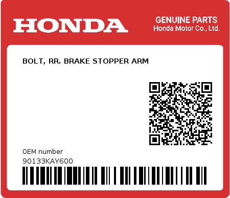Product image: Honda - 90133KAY600 - BOLT, RR. BRAKE STOPPER ARM  0
