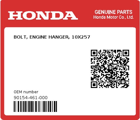 Product image: Honda - 90154-461-000 - BOLT, ENGINE HANGER, 10X257  0