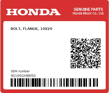 Product image: Honda - 90165GHB650 - BOLT, FLANGE, 10X20  0