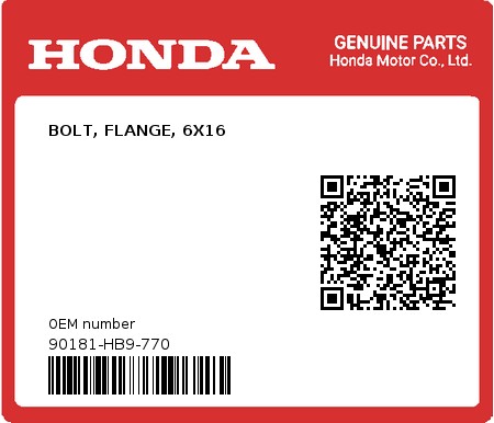 Product image: Honda - 90181-HB9-770 - BOLT, FLANGE, 6X16  0