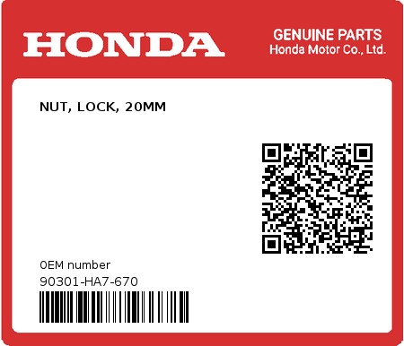 Product image: Honda - 90301-HA7-670 - NUT, LOCK, 20MM  0