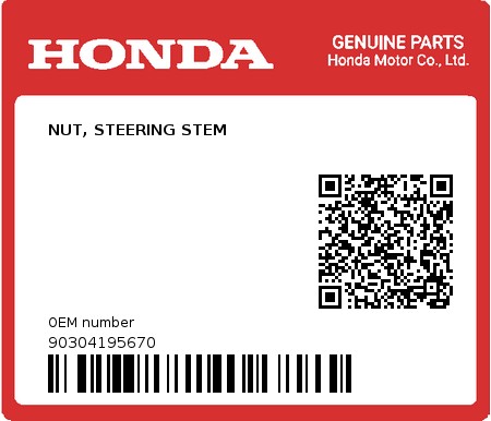 Product image: Honda - 90304195670 - NUT, STEERING STEM  0