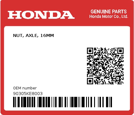 Product image: Honda - 90305KE8003 - NUT, AXLE, 16MM  0