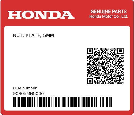 Product image: Honda - 90305MN5000 - NUT, PLATE, 5MM  0