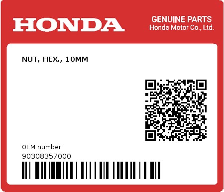 Product image: Honda - 90308357000 - NUT, HEX., 10MM  0