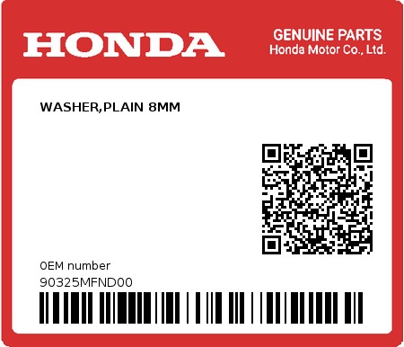 Product image: Honda - 90325MFND00 - WASHER,PLAIN 8MM  0