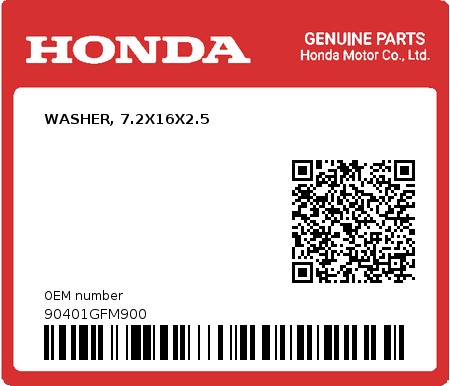 Product image: Honda - 90401GFM900 - WASHER, 7.2X16X2.5  0