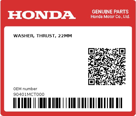Product image: Honda - 90401MCT000 - WASHER, THRUST, 22MM  0