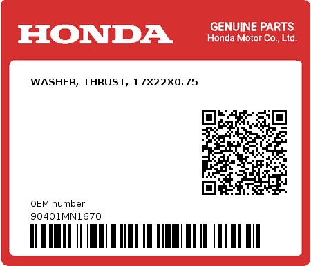 Product image: Honda - 90401MN1670 - WASHER, THRUST, 17X22X0.75  0