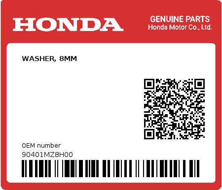 Product image: Honda - 90401MZ8H00 - WASHER, 8MM  0