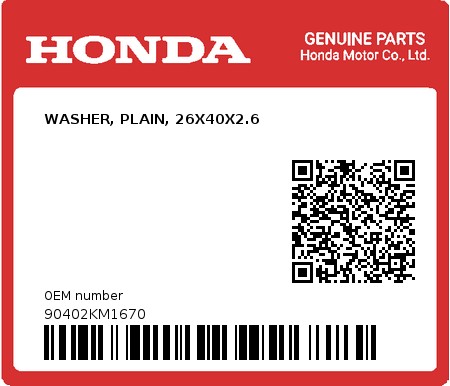 Product image: Honda - 90402KM1670 - WASHER, PLAIN, 26X40X2.6  0