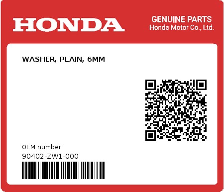 Product image: Honda - 90402-ZW1-000 - WASHER, PLAIN, 6MM  0