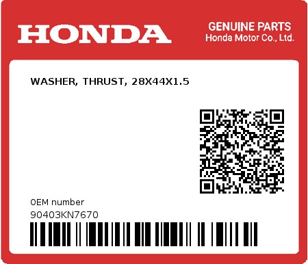 Product image: Honda - 90403KN7670 - WASHER, THRUST, 28X44X1.5  0