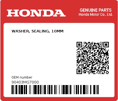 Product image: Honda - 90403MG7000 - WASHER, SEALING, 10MM  0