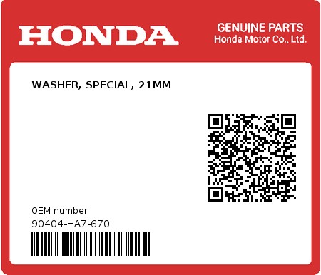 Product image: Honda - 90404-HA7-670 - WASHER, SPECIAL, 21MM  0