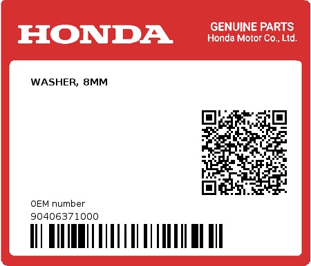 Product image: Honda - 90406371000 - WASHER, 8MM  0