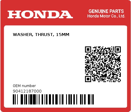 Product image: Honda - 90412187000 - WASHER, THRUST, 15MM  0