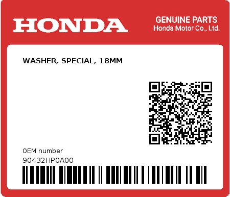 Product image: Honda - 90432HP0A00 - WASHER, SPECIAL, 18MM  0