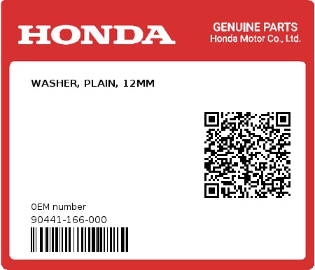 Product image: Honda - 90441-166-000 - WASHER, PLAIN, 12MM  0