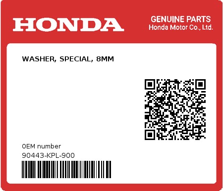 Product image: Honda - 90443-KPL-900 - WASHER, SPECIAL, 8MM  0