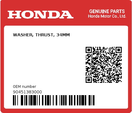 Product image: Honda - 90451383000 - WASHER, THRUST, 34MM  0