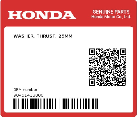 Product image: Honda - 90451413000 - WASHER, THRUST, 25MM  0